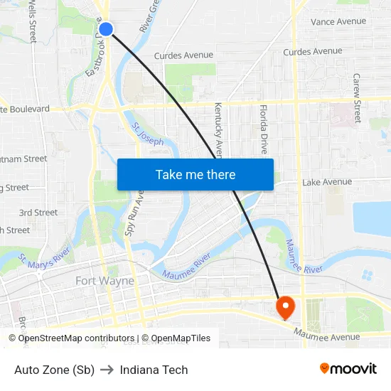 Auto Zone (Sb) to Indiana Tech map