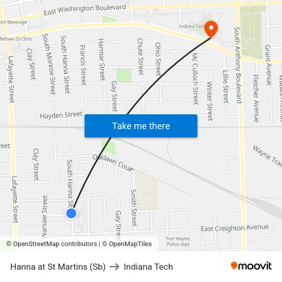 Hanna at St Martins (Sb) to Indiana Tech map