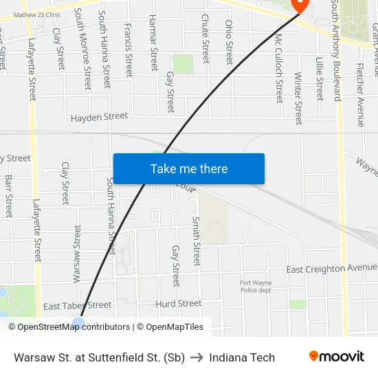 Warsaw St. at Suttenfield St. (Sb) to Indiana Tech map