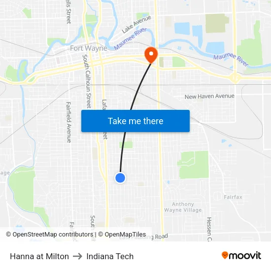 Hanna at Milton to Indiana Tech map