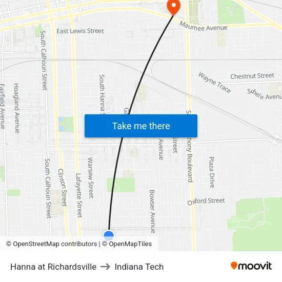 Hanna at Richardsville to Indiana Tech map