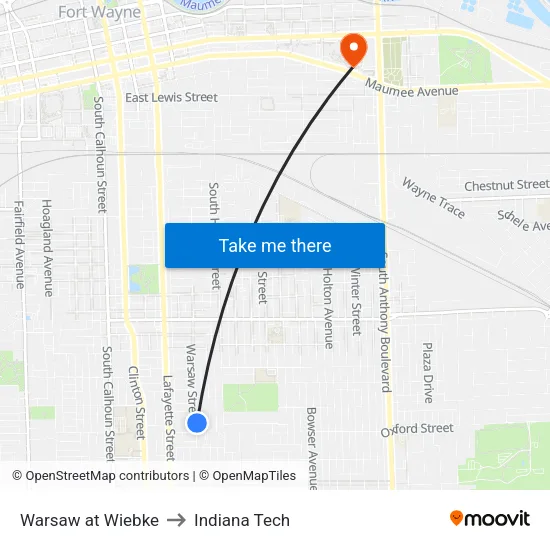 Warsaw at Wiebke to Indiana Tech map