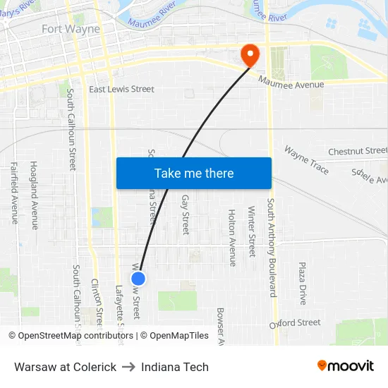 Warsaw at Colerick to Indiana Tech map