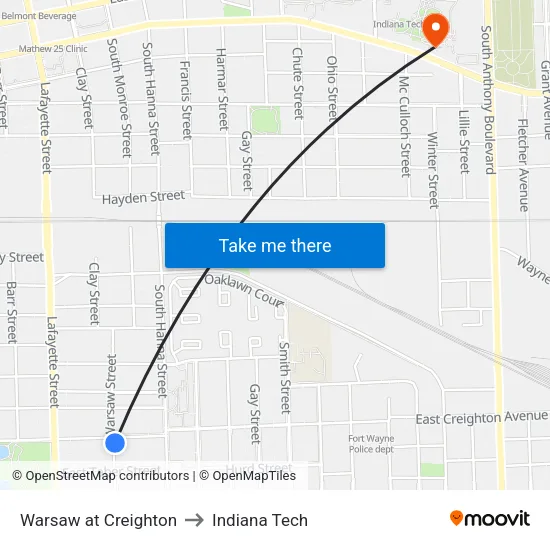 Warsaw at Creighton to Indiana Tech map