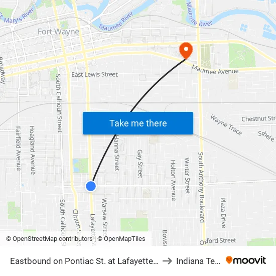 Parnell at St. Joe (Sb) to Indiana Tech map