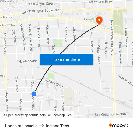 Hanna at Lasselle to Indiana Tech map
