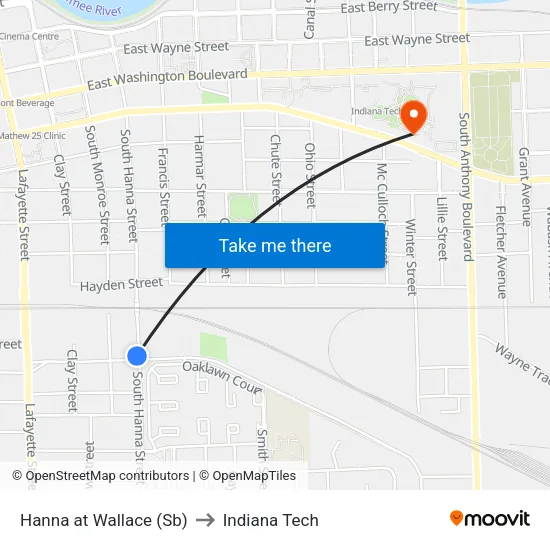 Hanna at Wallace (Sb) to Indiana Tech map