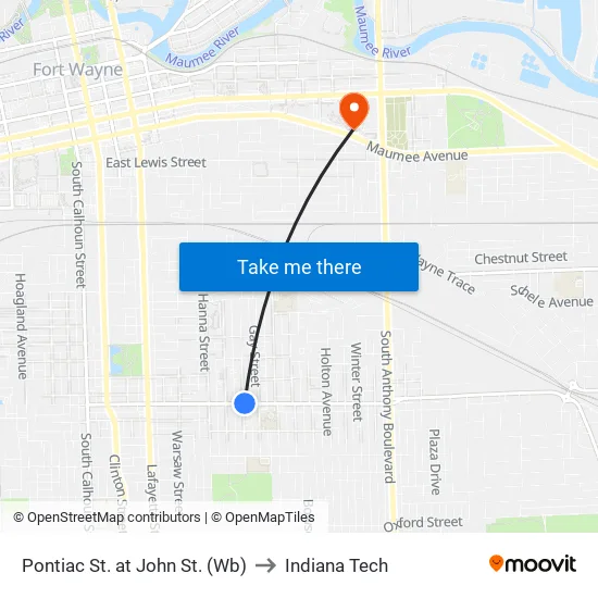 Anthony at Milan (Nb) to Indiana Tech map