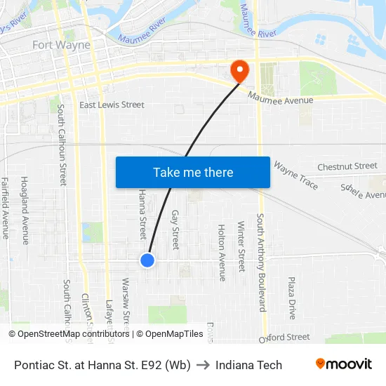 Anthony at Milan (Sb) to Indiana Tech map