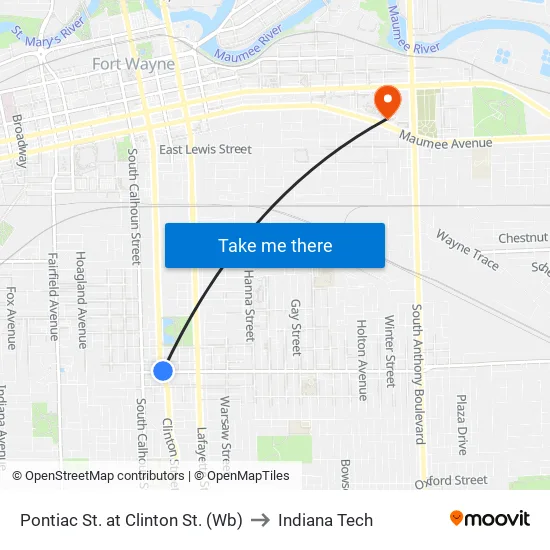 Anthony at Mckee (Nb) to Indiana Tech map