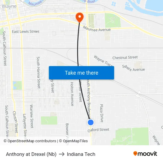 Anthony at Drexel (Nb) to Indiana Tech map