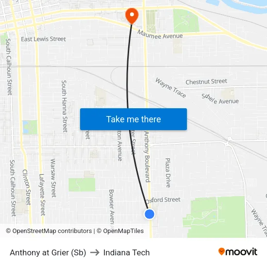 Anthony at Grier (Sb) to Indiana Tech map