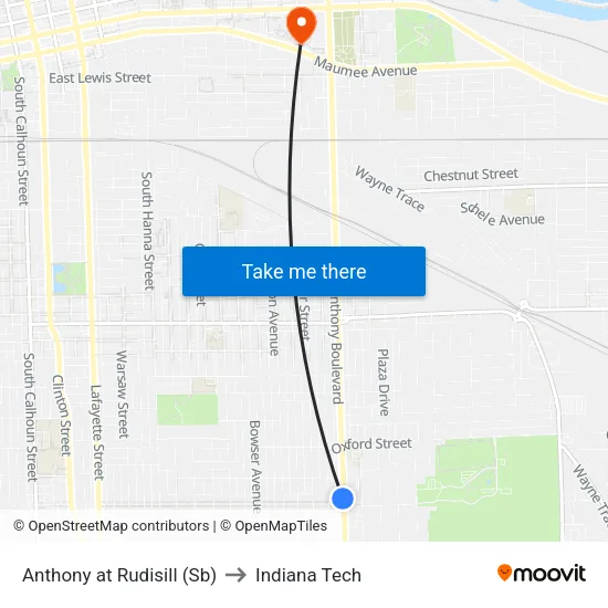 Anthony at Rudisill (Sb) to Indiana Tech map