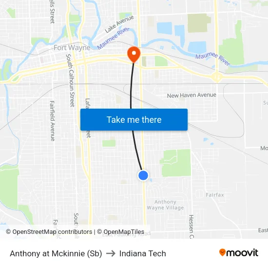 Anthony at Mckinnie (Sb) to Indiana Tech map