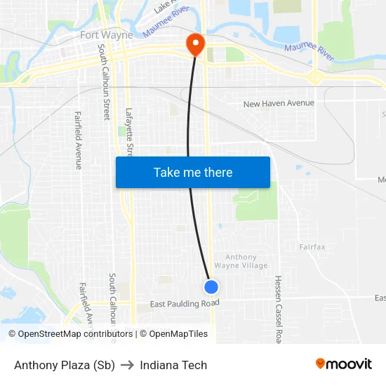 Anthony Plaza (Sb) to Indiana Tech map