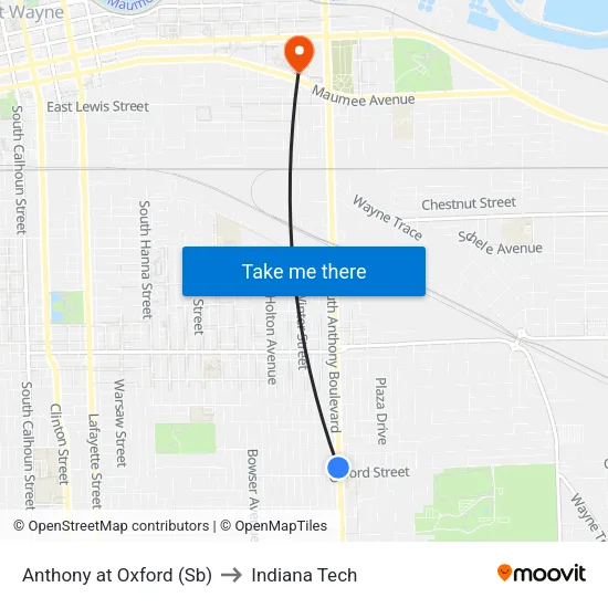 Anthony at Oxford (Sb) to Indiana Tech map
