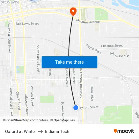 Oxford at Winter to Indiana Tech map
