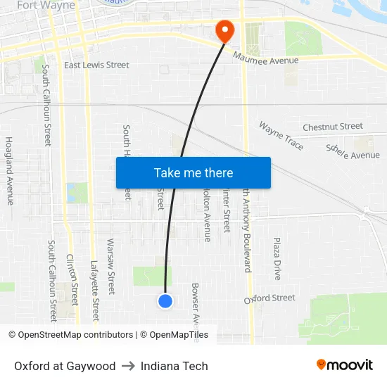 Oxford at Gaywood to Indiana Tech map