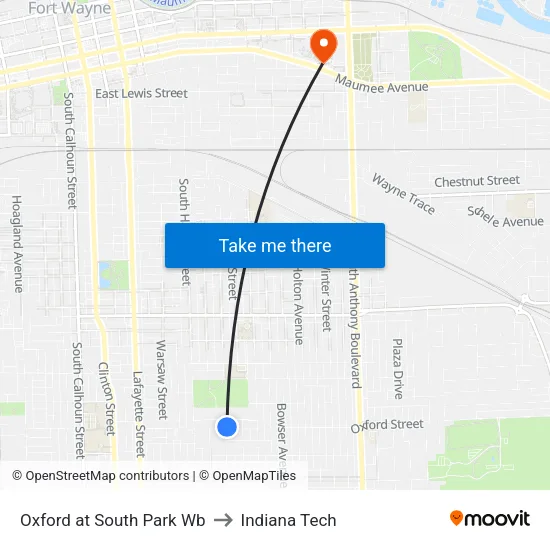 Oxford at South Park Wb to Indiana Tech map
