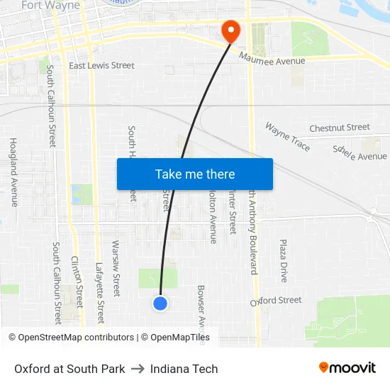 Oxford at South Park to Indiana Tech map