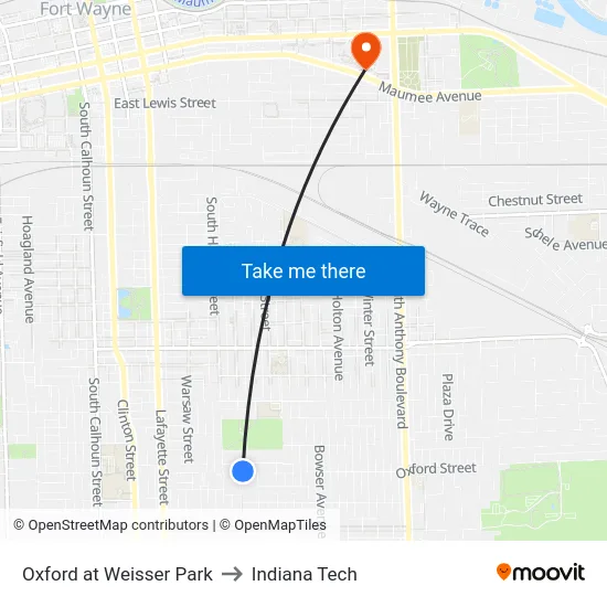 Oxford at Weisser Park to Indiana Tech map