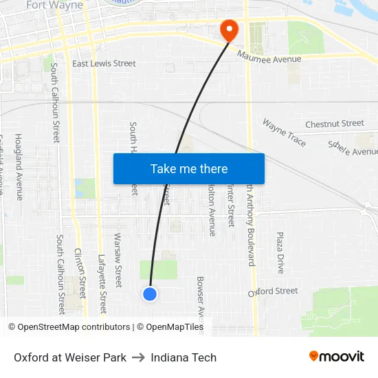 Oxford at Weiser Park to Indiana Tech map