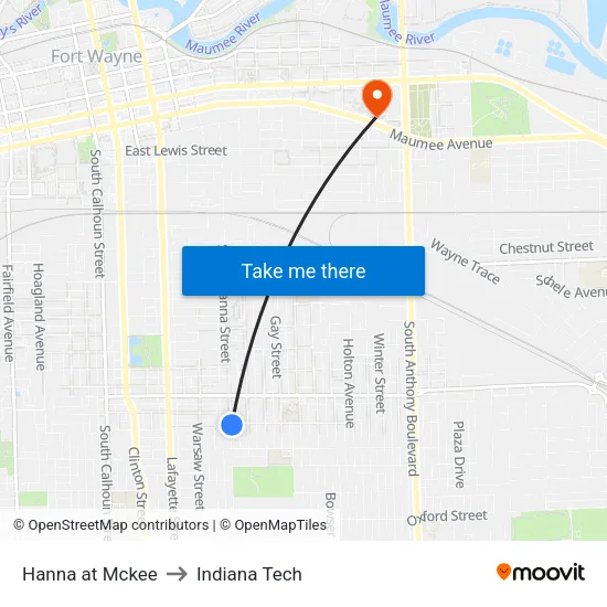 Hanna at Mckee to Indiana Tech map