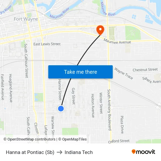 Hanna at Pontiac (Sb) to Indiana Tech map