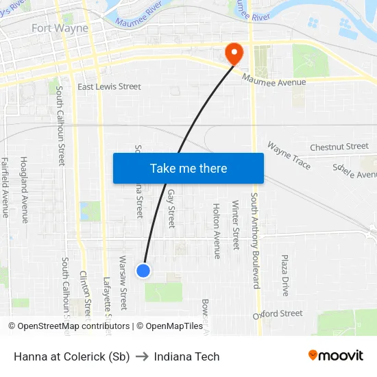 Hanna at Colerick (Sb) to Indiana Tech map