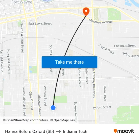 Hanna Before Oxford (Sb) to Indiana Tech map