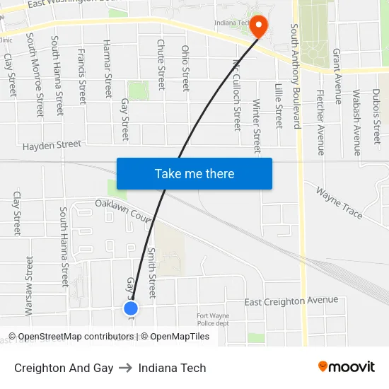 Creighton And Gay to Indiana Tech map