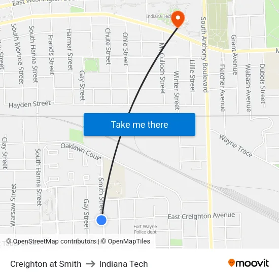 Creighton at Smith to Indiana Tech map