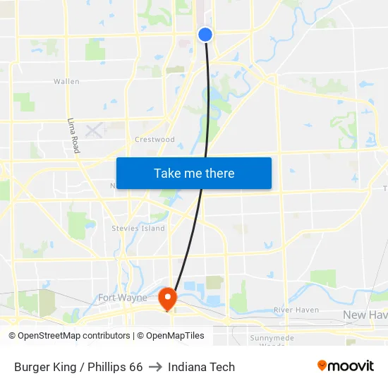 Creighton Before Reed to Indiana Tech map