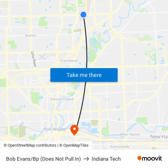 Creighton at Holton to Indiana Tech map