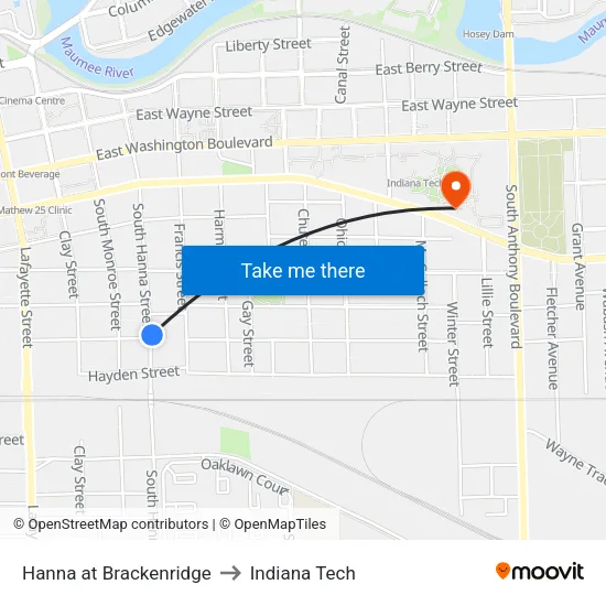 Hanna at Douglas (Nb) to Indiana Tech map