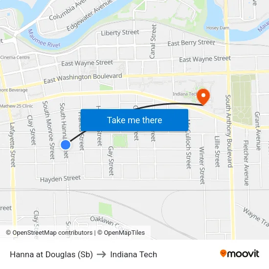 Hanna at Douglas (Sb) to Indiana Tech map
