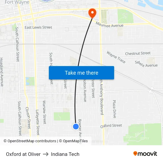 Oxford at Oliver to Indiana Tech map