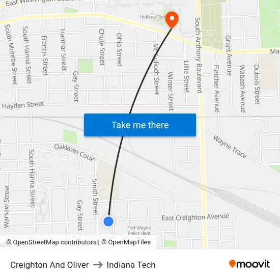 Creighton And Oliver to Indiana Tech map