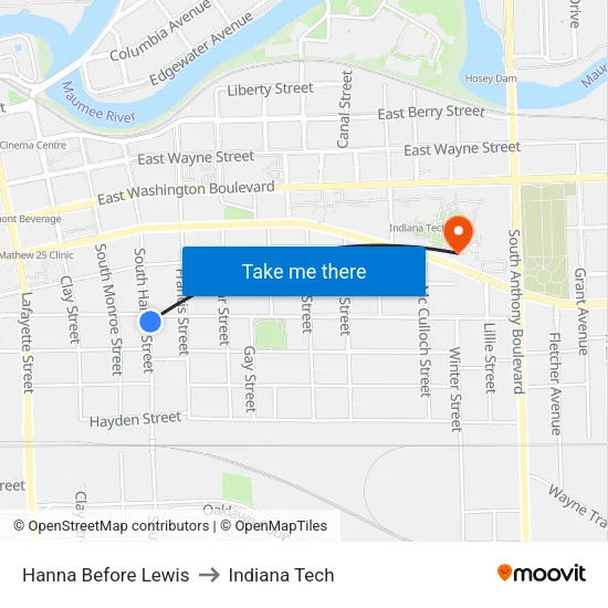 Hanna Before Lewis to Indiana Tech map