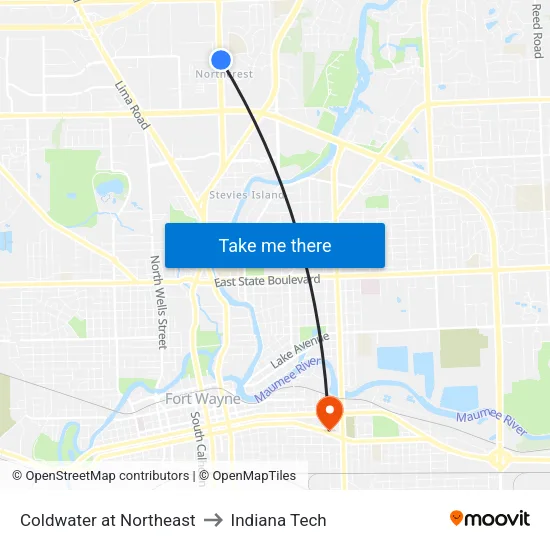 Coldwater at Northeast to Indiana Tech map