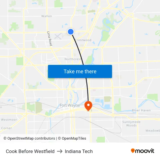 Cook Before Westfield to Indiana Tech map