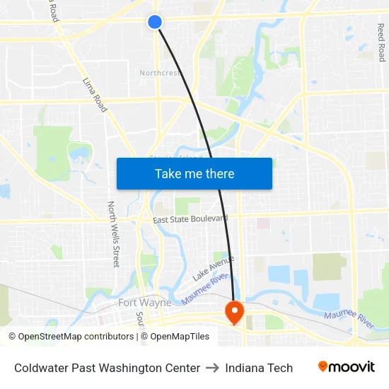 Coldwater Past Washington Center to Indiana Tech map