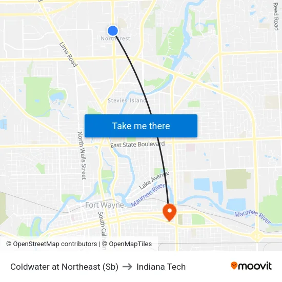 Coldwater at Northeast (Sb) to Indiana Tech map