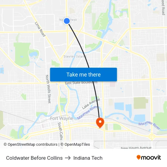 Coldwater Before Collins to Indiana Tech map