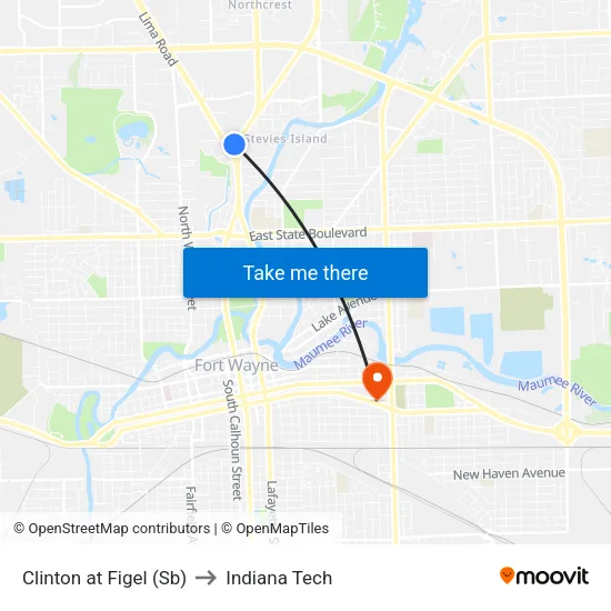 Clinton at Figel (Sb) to Indiana Tech map