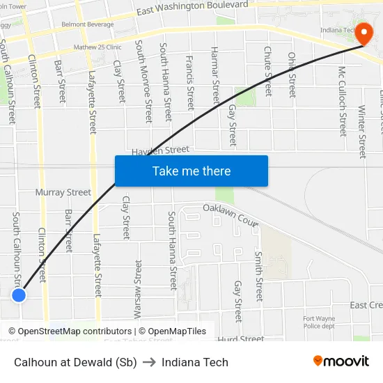 Calhoun at Dewald (Sb) to Indiana Tech map