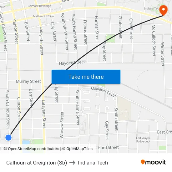 Calhoun at Creighton (Sb) to Indiana Tech map