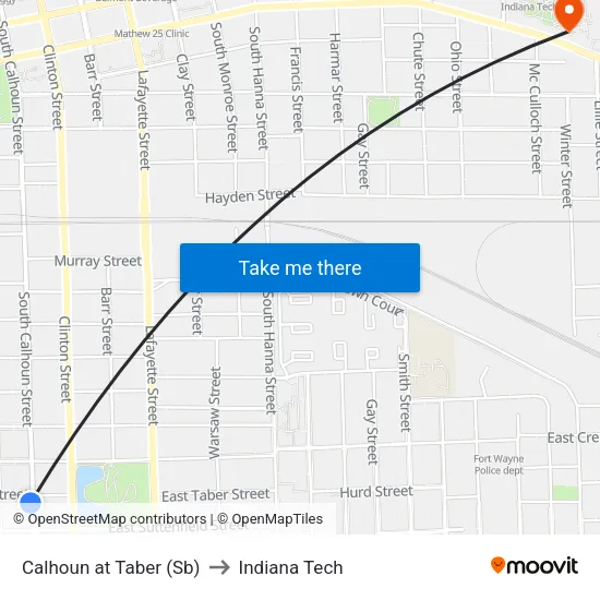 Calhoun at Taber (Sb) to Indiana Tech map