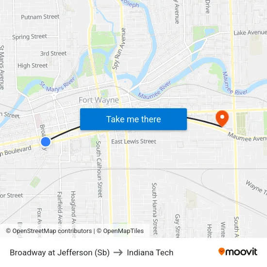 Broadway at Jefferson (Sb) to Indiana Tech map