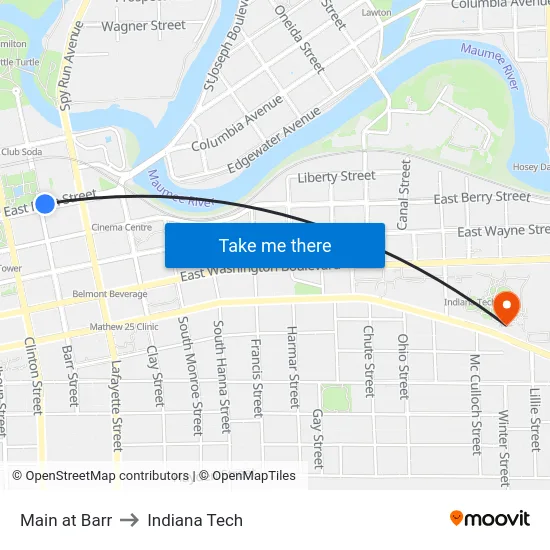 Main at Barr to Indiana Tech map